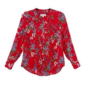 Nanette‎ Lepore Women's Red Floral Blouse Size S Pleated Long Sleeve Button Down
